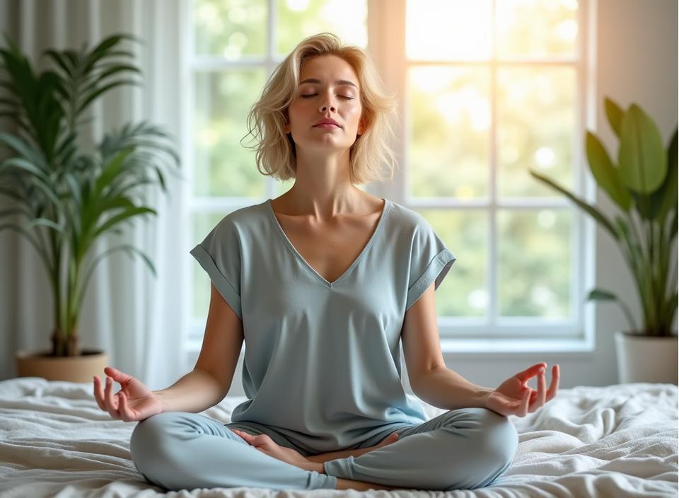 Serene woman practicing mindfulness and stress management techniques for better sleep